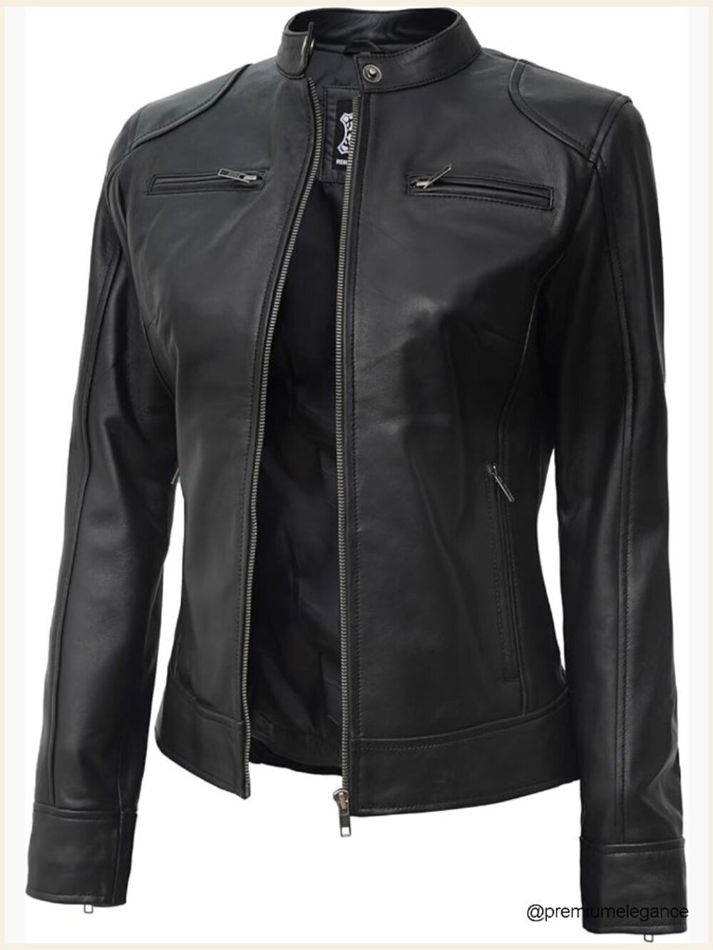 Women's Cafe Racer Lambskin Leather Jacket with Zip Pockets